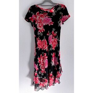 Vintage Donna Ricco Dress Women 10 Midi Sheer Dark Floral 90sFairy Asymmetrical